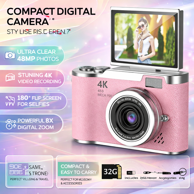 Compact 4K Digital Camera with 180° Flip Screen & 48MP for Easy Selfies 1