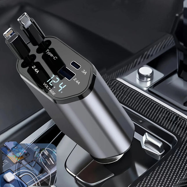 Compact Car Charger | 120W Dual USB Adapter with Retractable Cables | Fast Charging for Multiple Devices 0