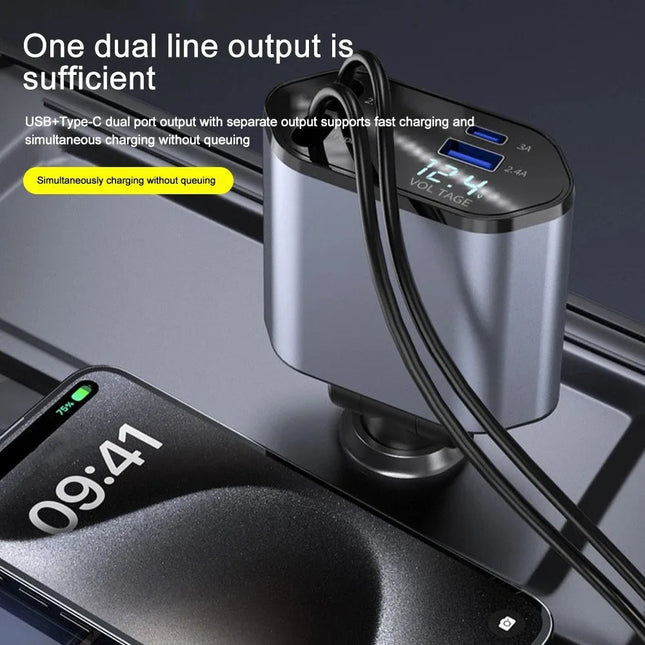 Compact Car Charger | 120W Dual USB Adapter with Retractable Cables | Fast Charging for Multiple Devices 1