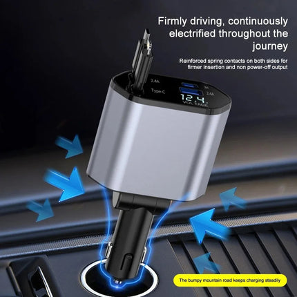 Compact Car Charger | 120W Dual USB Adapter with Retractable Cables | Fast Charging for Multiple Devices 3