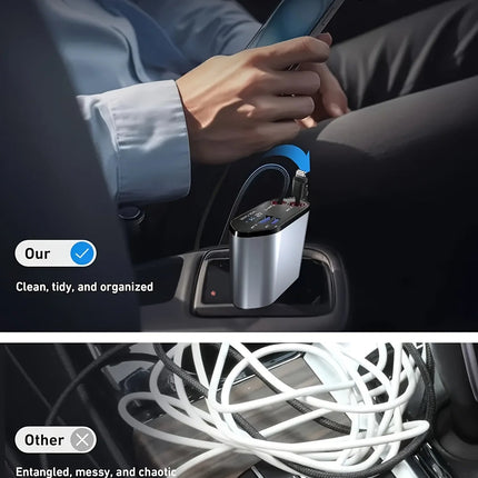 Compact Car Charger | 120W Dual USB Adapter with Retractable Cables | Fast Charging for Multiple Devices 5