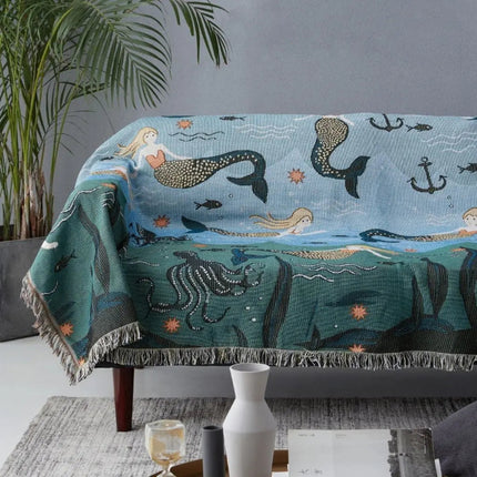 Woven Throw Blanket with Mermaid Design, Cotton Blend Couch Cover for Bed and Sofa – image 4