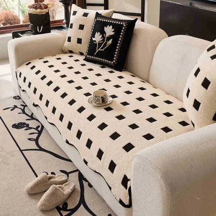 Non Slip Couch Cover, Checkered Plush Sofa Cover for Living Room, Dustproof Sofa Cushion Cover