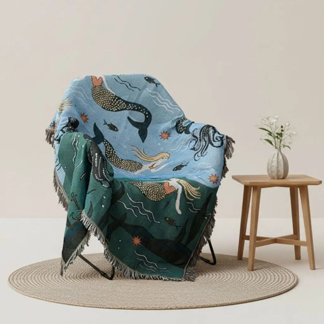 Woven Throw Blanket with Mermaid Design, Sofa Throw Blanket for Couch, Cotton Blend Couch Cover for Bed and Sofa