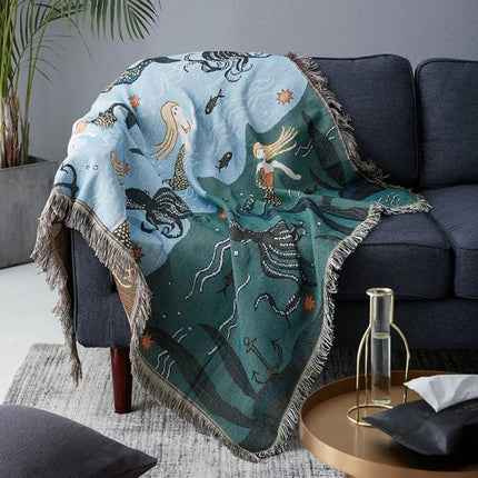 Woven Throw Blanket with Mermaid Design