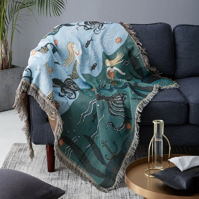 Woven Throw Blanket with Mermaid Design