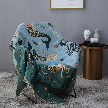 Woven Throw Blanket with Mermaid Design, Sofa Throw Blanket for Couch