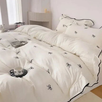Cozy Bow | Duvet Cover Set with Ruffle Embroidery Design | Soft Microfiber for Stylish Bedding 0