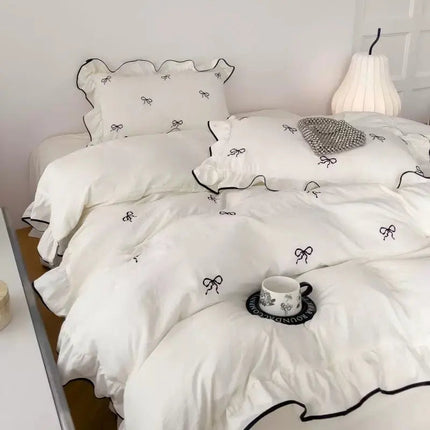 Cozy Bow | Duvet Cover Set with Ruffle Embroidery Design | Soft Microfiber for Stylish Bedding 3