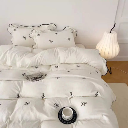 Cozy Bow | Duvet Cover Set with Ruffle Embroidery Design | Soft Microfiber for Stylish Bedding 4