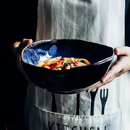 Irregular Porcelain Rice Bowl, Blue Ramen Bowl for Noodles and Soup