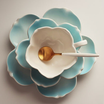 Tea Cup Set with Saucer and Spoon, Porcelain Tea Cup and Saucer with Petal Design, Floral Teacup for Afternoon Tea