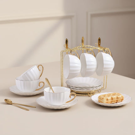 Tea Cups and Saucers with Spoons, Gold Rim Ceramic Tea Set, Pumpkin Shaped Tea Cup Set with Holder Rack Options