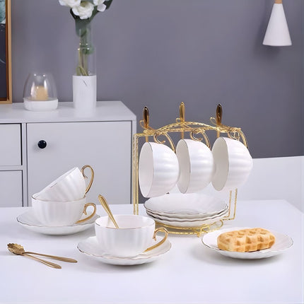 Tea Cups and Saucers with Spoons, Pumpkin Shaped Tea Cup Set with Holder Rack Options