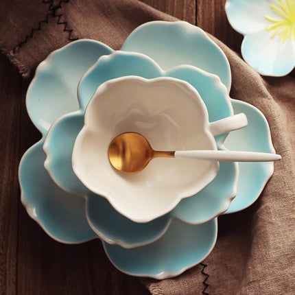 Tea Cup Set with Saucer and Spoon, Porcelain Tea Cup and Saucer with Petal Design