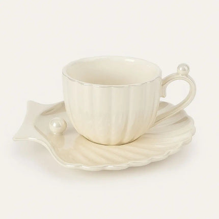 Coffee Cup and Saucer Set, Seashell Porcelain Espresso Cup with Pearl Accent – image 4