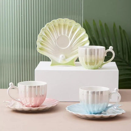 Coffee Cup and Saucer Set, Seashell Porcelain Espresso Cup with Pearl Accent – image 6