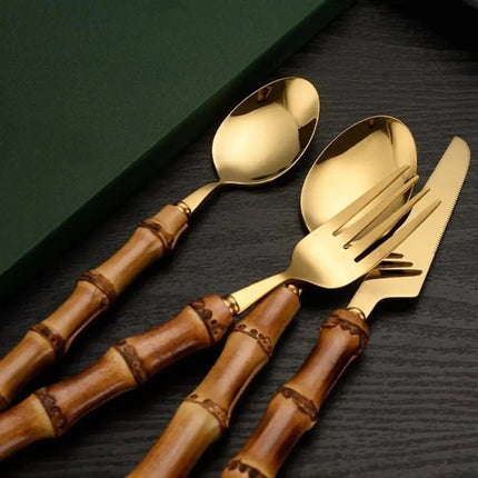 Bamboo Handle Cutlery, Gold Silverware
