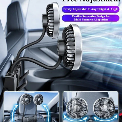 Dual-Head Car Fan | USB-C Powered with 360° Rotation | Adjustable Airflow for Rear Seat Comfort 2