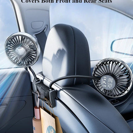 Dual-Head Car Fan | USB-C Powered with 360° Rotation | Adjustable Airflow for Rear Seat Comfort 3