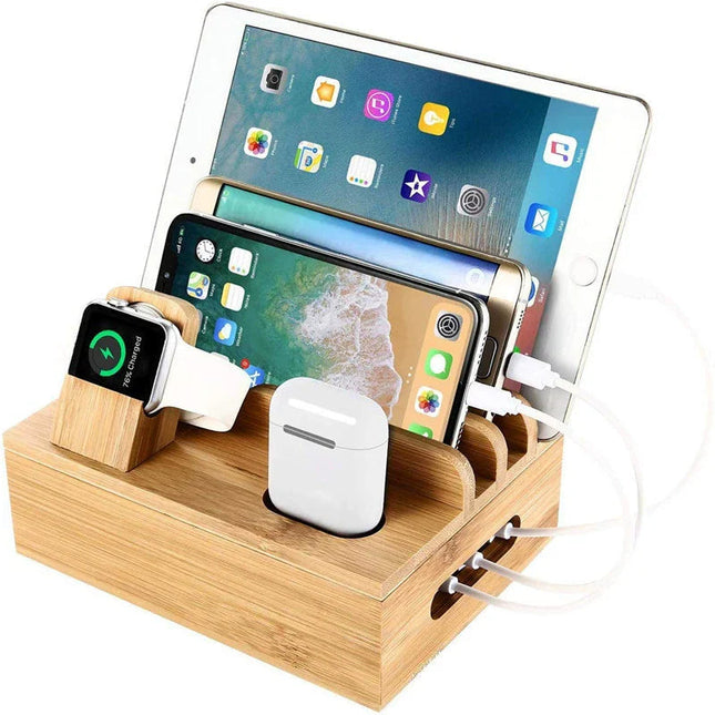 Eco-Friendly Bamboo Charging Station | 5-Port USB Organizer with Smartwatch & Earbuds Holders for Efficient Device Management 0