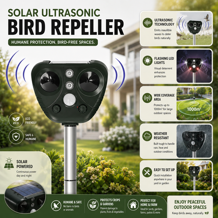 EcoGuard | Ultrasonic Bird Repeller with Solar Power & LED Lights | Humane Bird Deterrent for Gardens 3