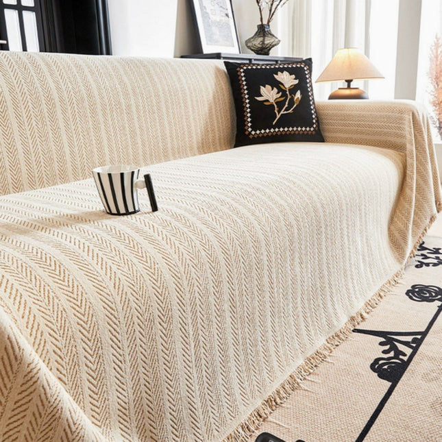 Elegant Chenille Sofa Cover | Herringbone Weave & Tassel Accents | Slipcover for Stylish Protection and Pet Hair Defense 0