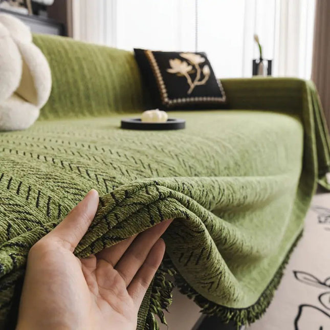 Elegant Chenille Sofa Cover | Herringbone Weave & Tassel Accents | Slipcover for Stylish Protection and Pet Hair Defense 1