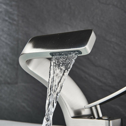 Elegant Curved Kitchen Faucet with Waterfall Spout & Dual Handle Controls | Modern Design for Effortless Flow in Kitchen and Bathroom 1