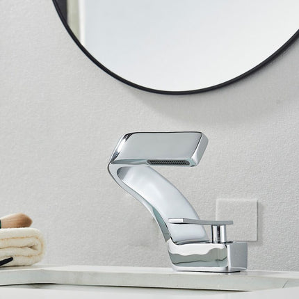 Elegant Curved Kitchen Faucet with Waterfall Spout & Dual Handle Controls | Modern Design for Effortless Flow in Kitchen and Bathroom 3