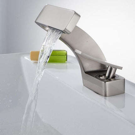 Elegant Curved Kitchen Faucet with Waterfall Spout & Dual Handle Controls | Modern Design for Effortless Flow in Kitchen and Bathroom 4