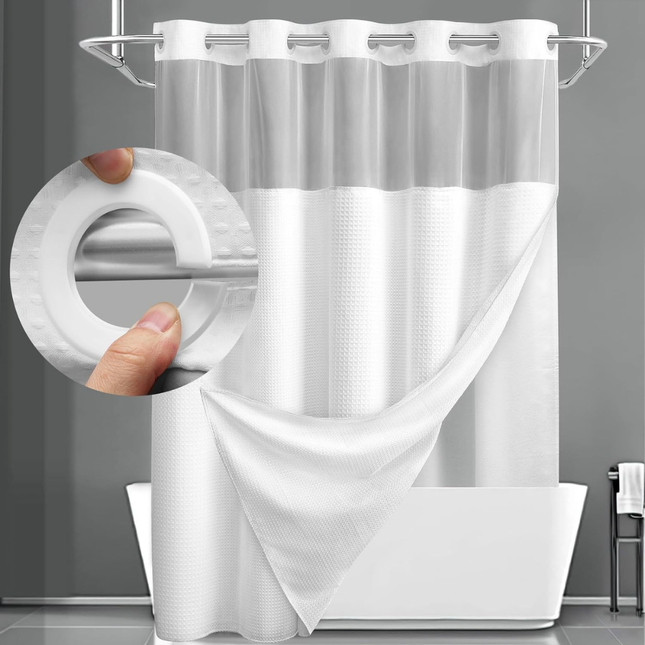 Elegant Double Layer Shower Curtain Set with Waffle Texture & Snap-On Liner for Modern Bathrooms 0
