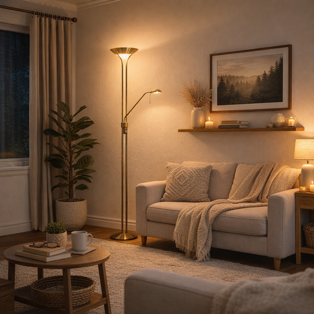 Elegant Dual Light Floor Lamp with Adjustable Reading Arm & Dimmable Features for Cozy Illumination 1