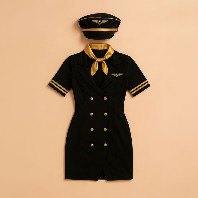 Elegant Flight Attendant Costume | Women's Halloween Costumes with Gold Trim | Stylish Black Dress for Themed Parties 0