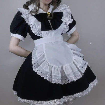 Elegant Gothic Maid Costume Set with Ruffled Dress & Apron for Halloween 0