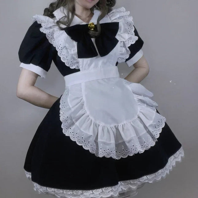 Elegant Gothic Maid Costume Set with Ruffled Dress & Apron for Halloween 0