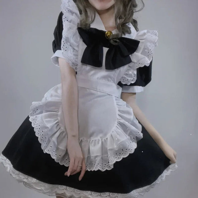 Elegant Gothic Maid Costume Set with Ruffled Dress & Apron for Halloween 1