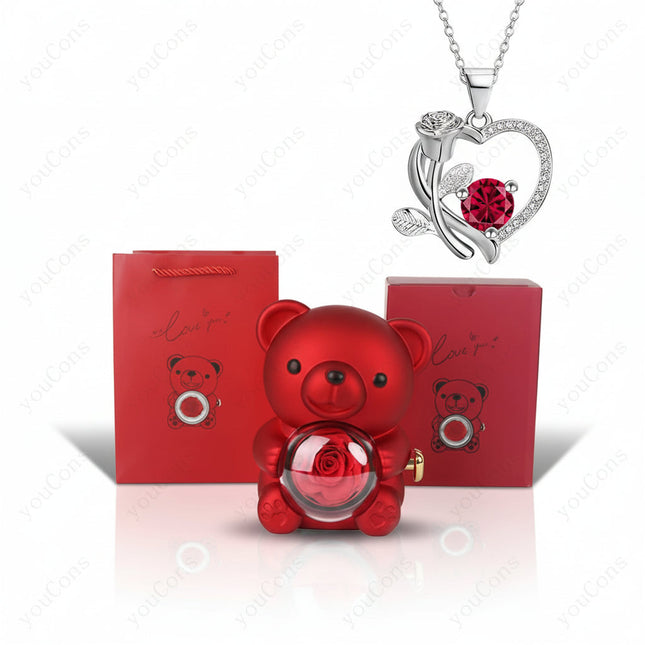 Elegant Heart Pendant Necklace with Zircon & Rose Bear Gift Box for Women 0