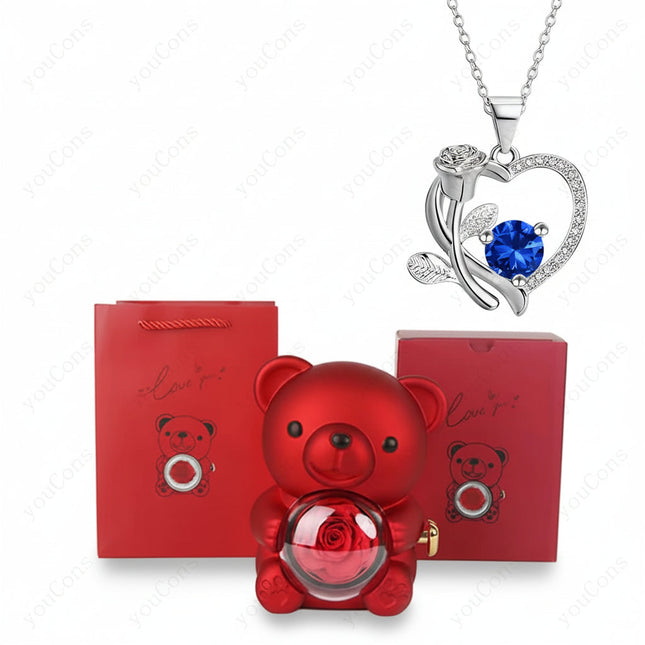 Elegant Heart Pendant Necklace with Zircon & Rose Bear Gift Box for Women 1