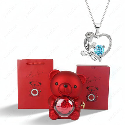 Elegant Heart Pendant Necklace with Zircon & Rose Bear Gift Box for Women 2