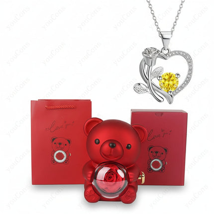 Elegant Heart Pendant Necklace with Zircon & Rose Bear Gift Box for Women 3