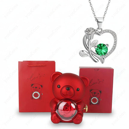 Elegant Heart Pendant Necklace with Zircon & Rose Bear Gift Box for Women 4
