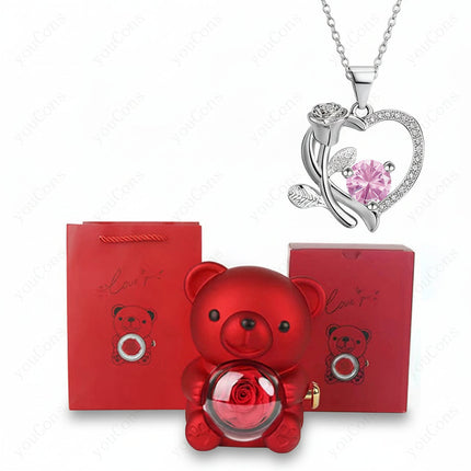 Elegant Heart Pendant Necklace with Zircon & Rose Bear Gift Box for Women 6