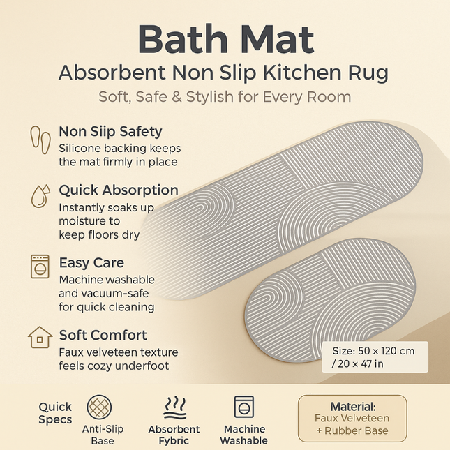 Elegant Home | Absorbent Non-Slip Bath Mat with Soft Velvet Surface | Ideal for Kitchen and Bathroom Safety 1
