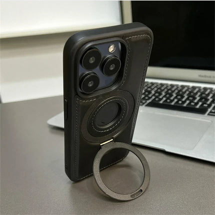 Elegant Leather MagSafe Case with Fold-Out Ring Stand for Enhanced Protection 2