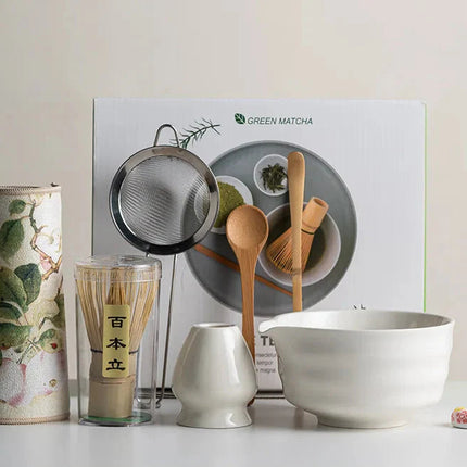 Elegant Matcha Set | 8-Piece Ceramic Bowl and Whisk with Bamboo Frother | Complete Kit for Authentic Tea Ceremony Experience 8