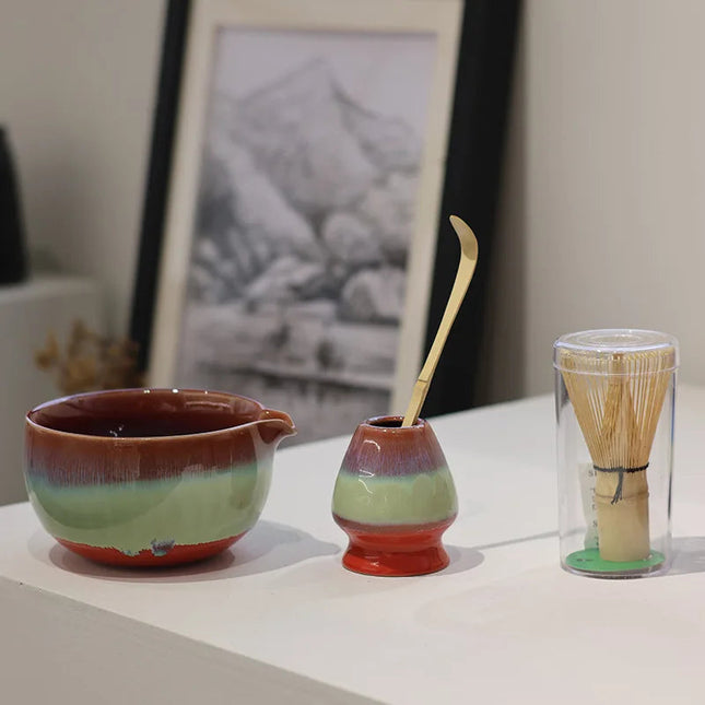 Elegant Matcha Tea Set | Hand-Painted Ceramic with Unique Glaze Design | Complete 4-Piece Set for Authentic Tea Ceremony 0
