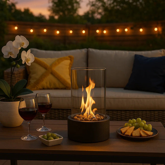 Elegant Portable Tabletop Fire Bowl with Glass Panels | Cozy Ambiance for Any Room 0
