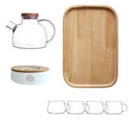 SET C: 1 x Glass Teapot (1000ml), 4 x Cups, Candle Heating Plate, and Oak Tray.