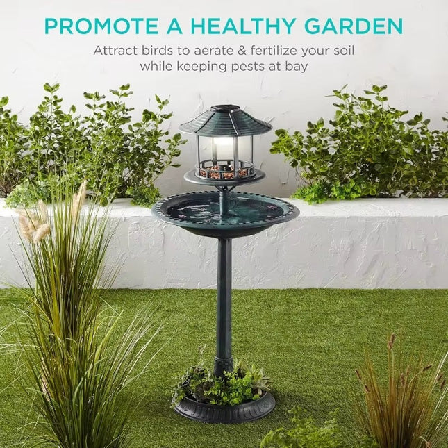 Elegant Solar Bird Bath Fountain with Integrated Planter & LED Light for Eco-Friendly Gardens 1